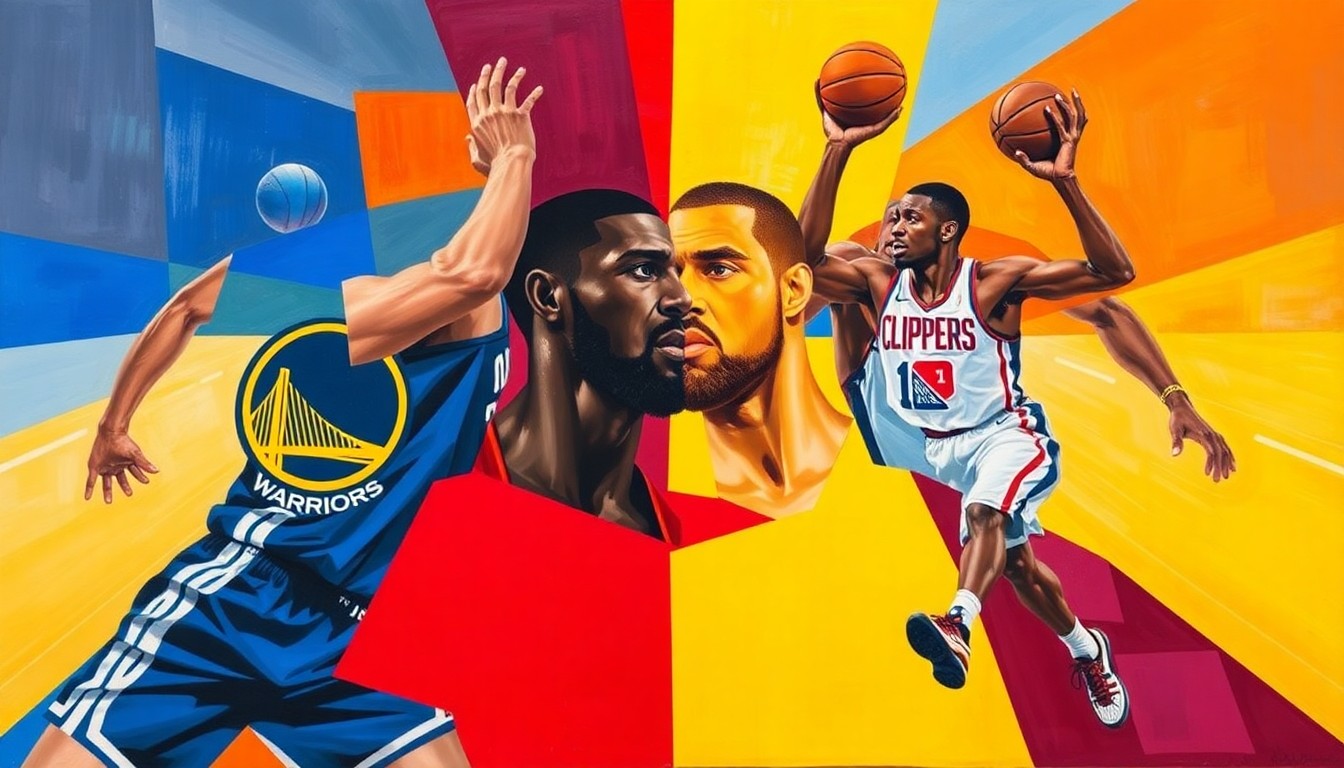 A cubist, geometric painting depicting a basketball game between the Golden State Warriors and Los Angeles Clippers, with the players' forms broken down into abstract shapes and planes of the teams' colors.
