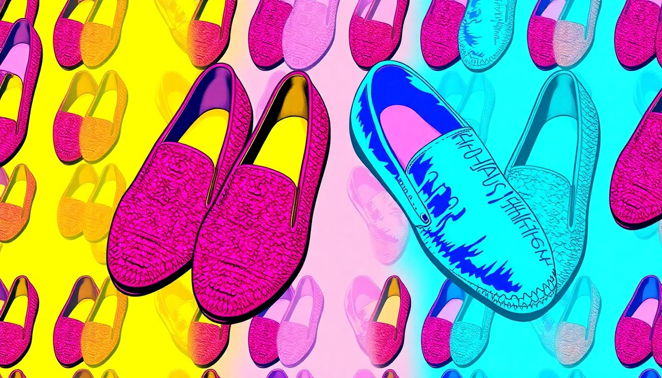 A brightly colored, high-contrast silkscreen print of a pair of tuxedo slippers, one in woven blue satin and one covered in pink glitter, repeated in a tight grid pattern, conceptually representing the personal style and budget-conscious approach of the couple's Newport wedding celebration.