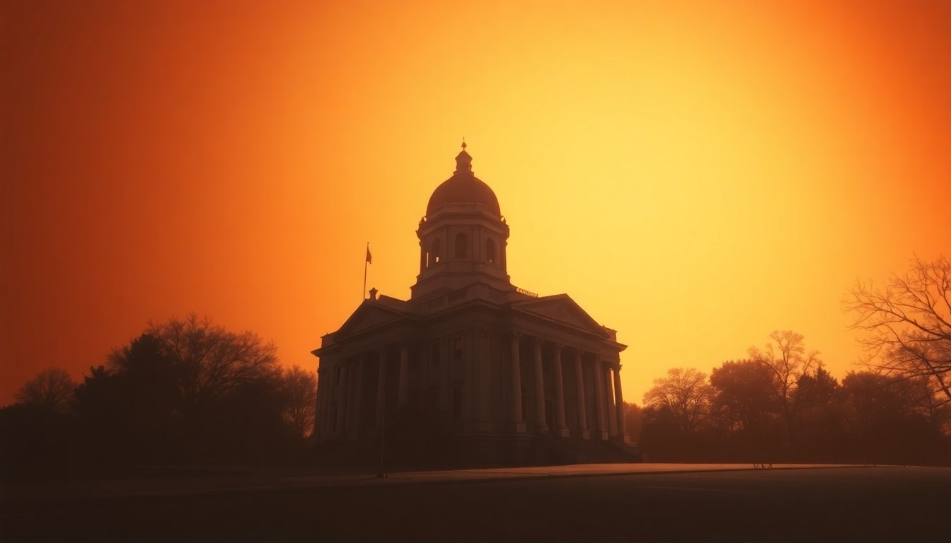 A serene, cinematic painting of a state capitol building in Virginia, with warm sunlight and deep shadows creating a contemplative mood, representing the complex political landscape in the state.