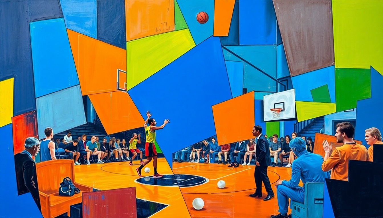 A cubist, geometric painting depicting a fragmented basketball court scene with overlapping shapes and planes in vibrant colors, conceptually representing the uncertainty surrounding the Blazers' coaching situation.