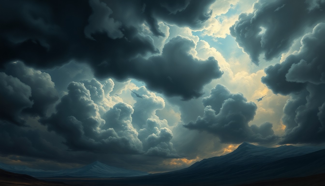 A vast, atmospheric landscape painting in muted tones of gray, blue, and gold, with a dramatic, stormy sky dominating the scene and obscuring any visible structures or objects, conveying the overwhelming power of nature.