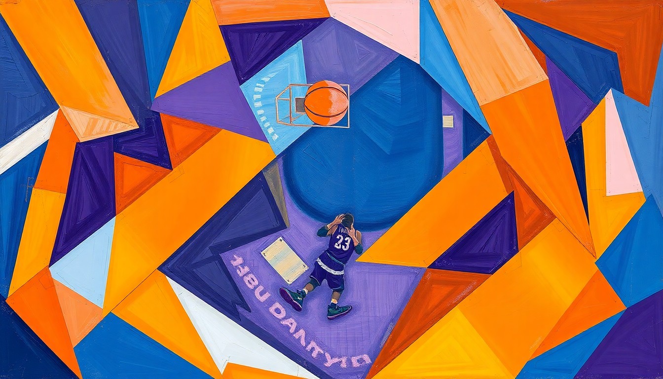 A fragmented, abstract painting featuring sharp, overlapping geometric shapes in vibrant shades of orange, blue, and purple, conceptually representing the dynamic action of a playoff basketball game.