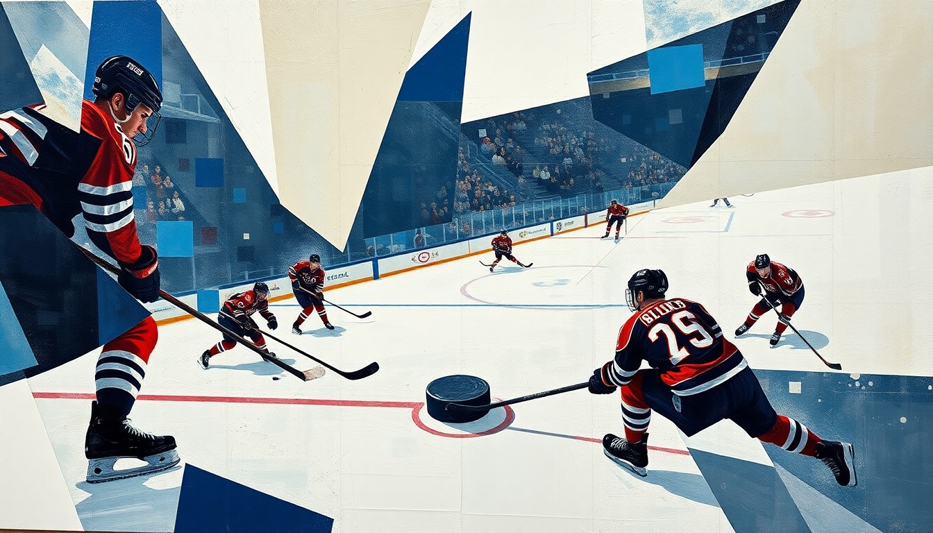 A cubist, geometric painting depicting a hockey game, with the players and ice broken down into abstract shapes and angles, the puck as the central focus.