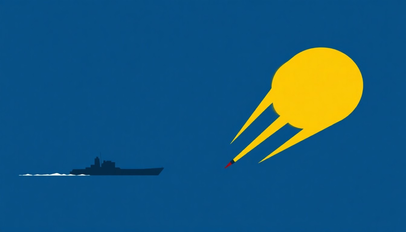 A minimalist illustration composed of overlapping triangles and circles in shades of blue, red, and yellow, conceptually representing the instability and uncertainty in the Gulf of Oman's maritime environment.