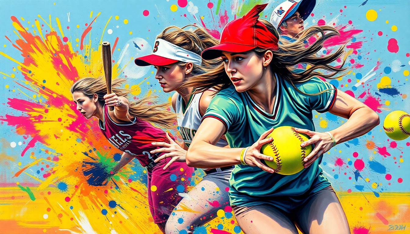 An abstract expressionist painting featuring vibrant neon brushstrokes and splatters of color, capturing the dynamic energy and movement of a high school softball game.