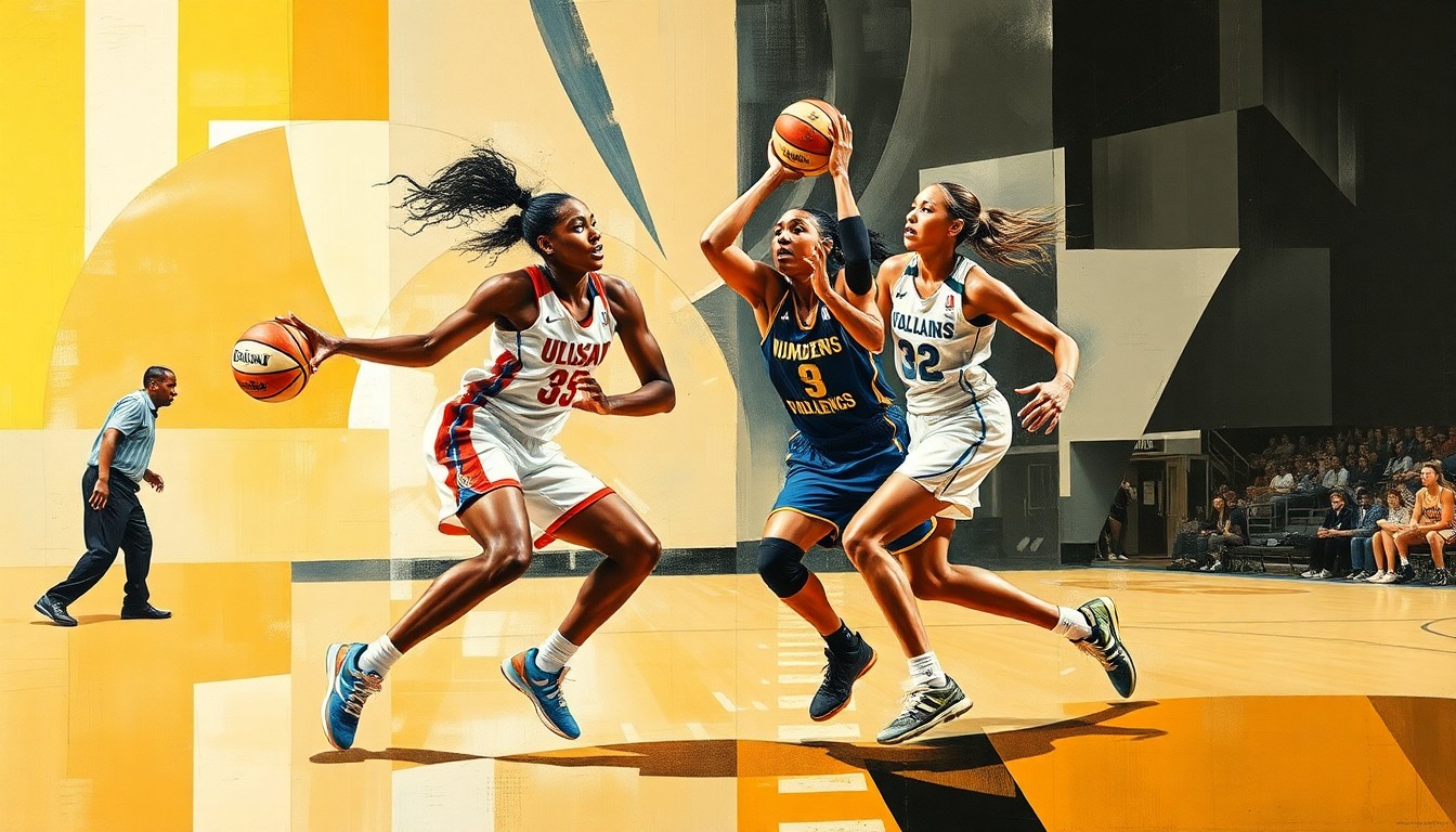 A cubist, geometric painting depicting the dynamic movements and energy of two basketball players on a court, their forms fractured and abstracted into overlapping planes of color and shape.