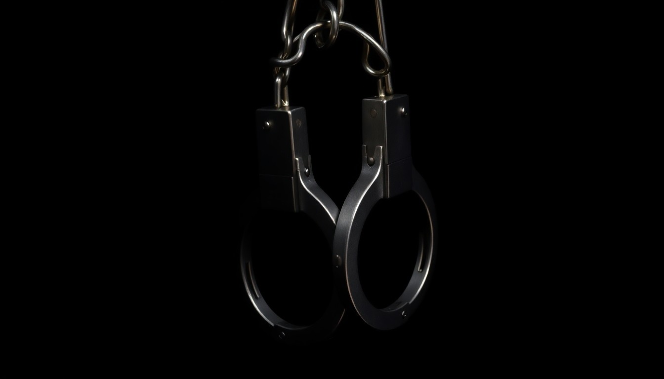 An extreme close-up photograph of a set of handcuffs against a pitch-black background, lit by a harsh, direct camera flash, conceptually representing the apprehension of escaped inmates after a dangerous pursuit.