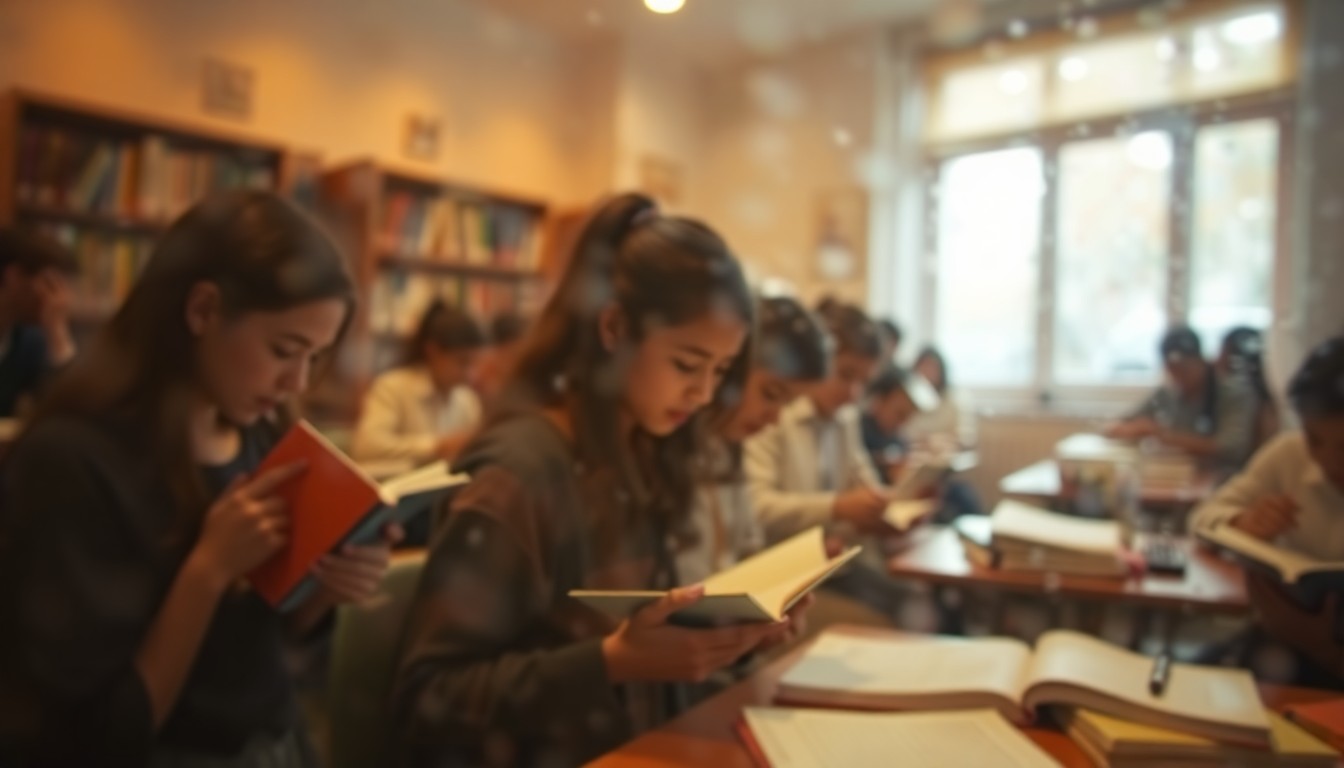 An abstract, impressionistic scene of students engaged in creative writing, their forms and activities blurred and obscured in a warm, hazy light, conveying the thoughtful, reflective nature of the writing competition.