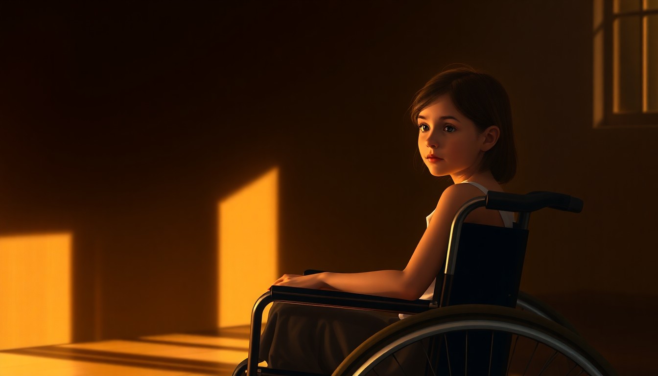 A cinematic painting of a young girl in a wheelchair, her face partially obscured by shadow, conveying a sense of quiet contemplation and resilience in the face of adversity.