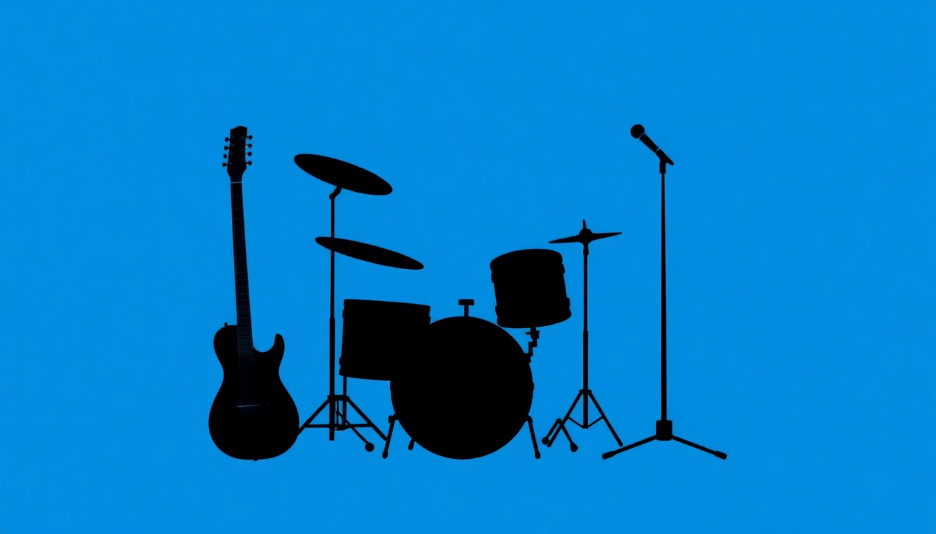 A minimalist, abstract illustration featuring black silhouettes of musical instruments against a solid blue background, conceptually representing the indie rock band The Laughing Chimes and their new album release.