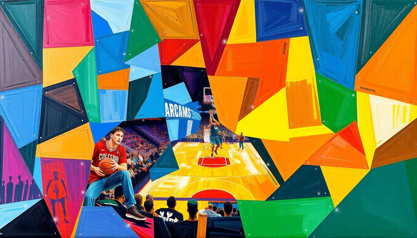A cubist-style painting featuring sharp, overlapping geometric shapes in Iowa's team colors of black, gold, and white, capturing the dynamic motion and energy of a college basketball game.