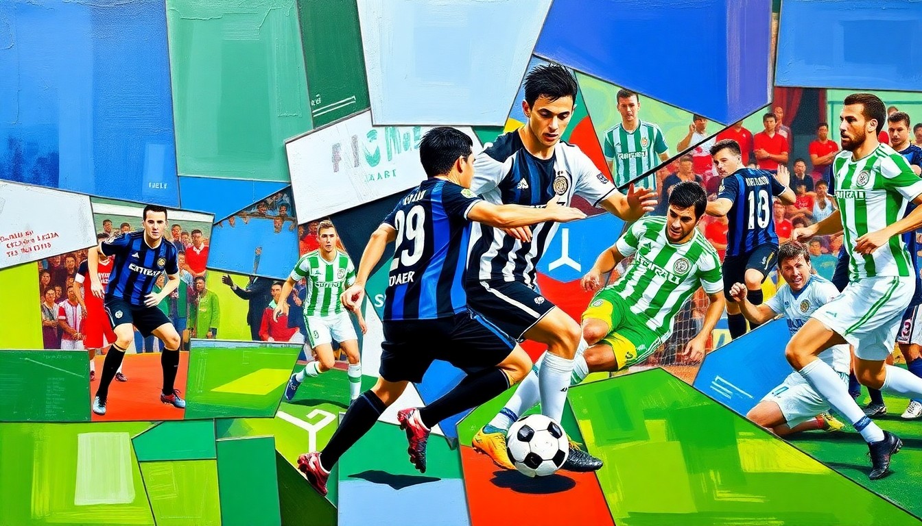 A fragmented, geometric painting in the style of Pablo Picasso, depicting a soccer match or action in sharp, overlapping planes of vibrant blue, black, green, and white colors.