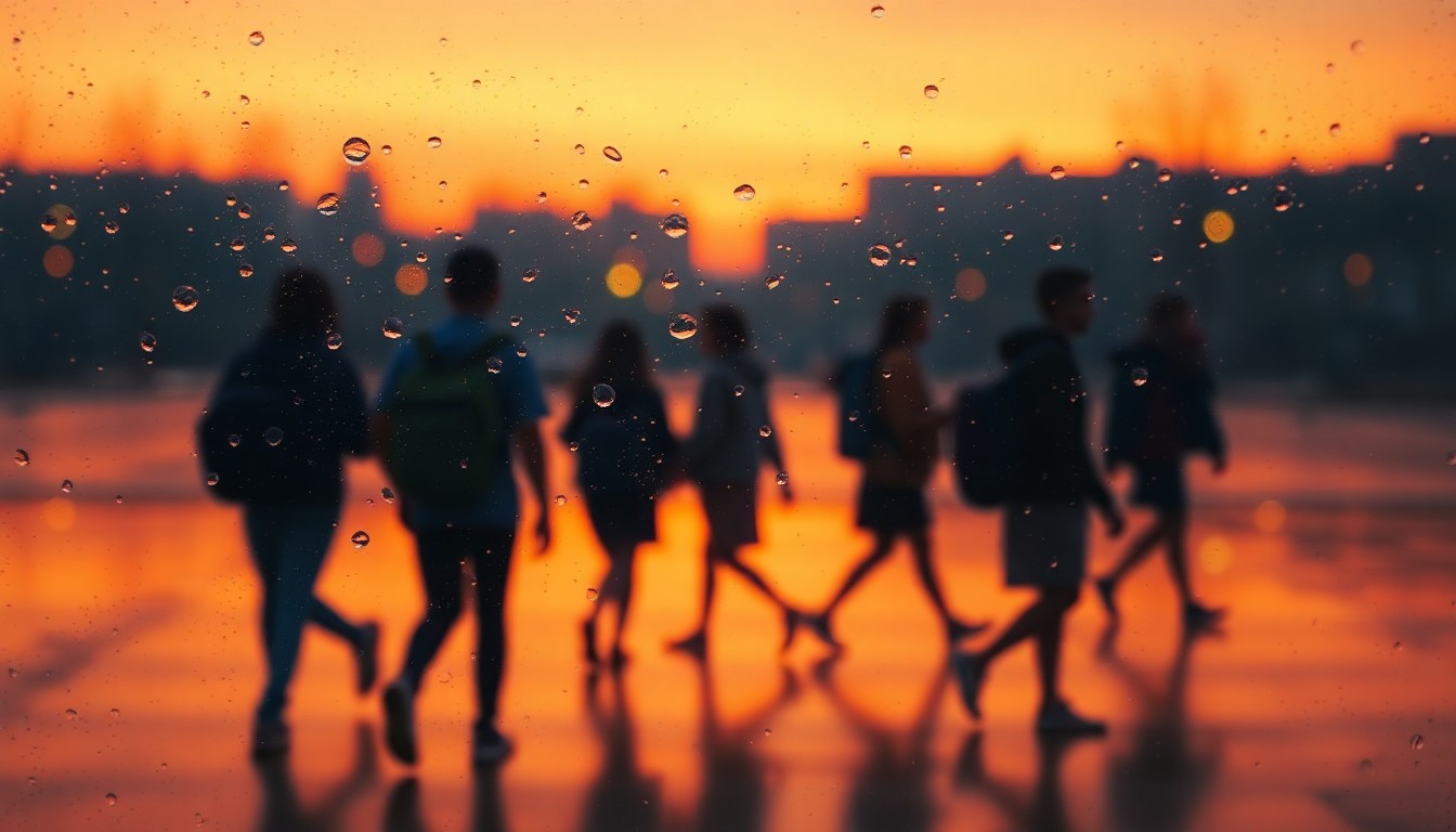 An abstract, impressionistic scene of blurred student silhouettes walking to school, captured through a rain-streaked window in soft, warm tones.