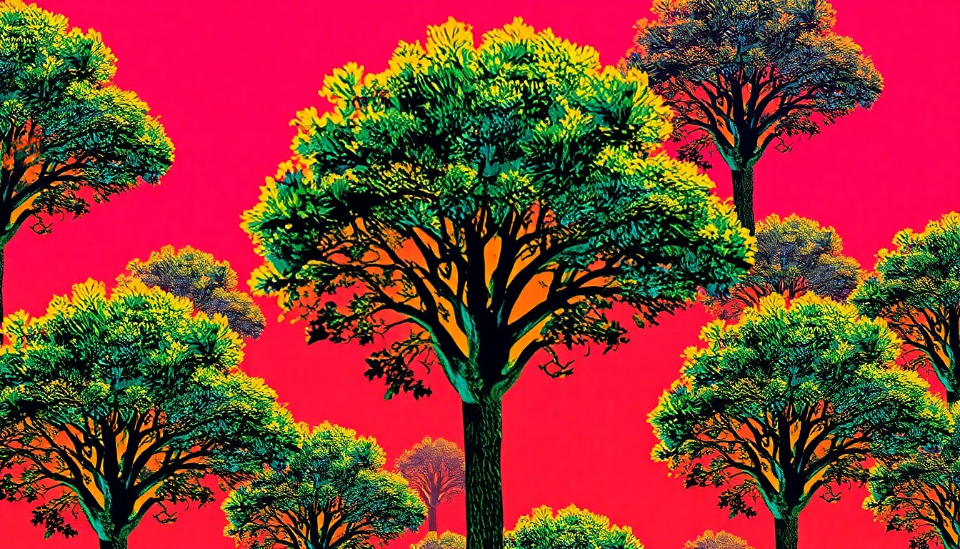 A brightly colored, high-contrast silkscreen print of a California sycamore tree repeated in a tight grid pattern, conceptually representing the community-driven tree planting event in Manhattan Beach.