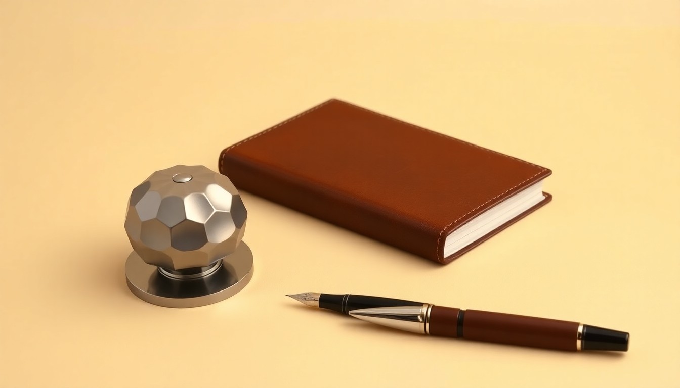 A high-end, photorealistic studio still-life featuring a polished metal paperweight, a sleek fountain pen, and a leather-bound notebook arranged elegantly on a clean, monochromatic background, conceptually representing the sophisticated tools of the private investment funds industry.