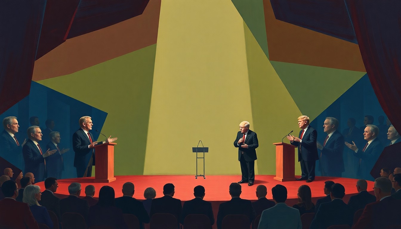 A vibrant, abstract painting featuring overlapping, fractured figures of political candidates debating on a stage, conveying the energy and tension of the event.