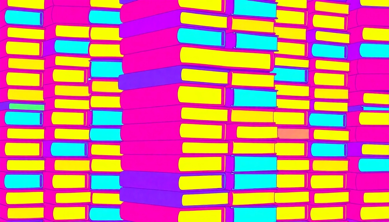 A bold, abstract silkscreen-style illustration featuring a repeating grid of brightly colored textbooks in neon pink, electric blue, and highlighter yellow, conceptually representing the high-stakes negotiations that kept Los Angeles schools open.
