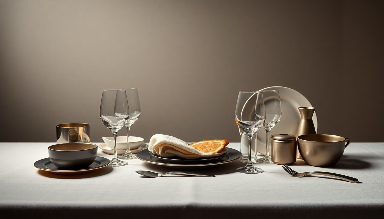 A high-end, photorealistic studio still-life featuring a collection of premium, polished tableware and dining accoutrements arranged elegantly on a clean, monochromatic background, conceptually representing the closure of a beloved neighborhood restaurant.