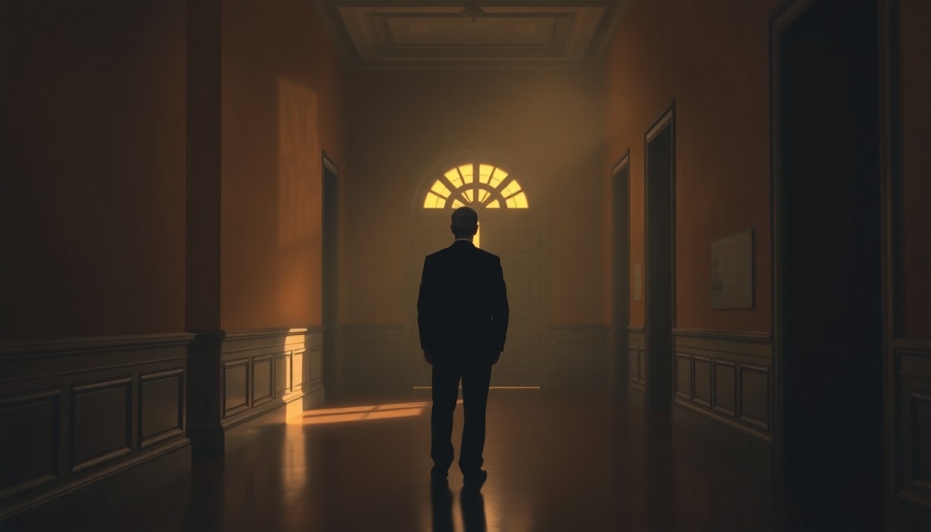 A cinematic painting of a lone figure in a dimly lit government hallway, the warm sunlight casting deep shadows and highlighting the solitary nature of the scene, conceptually representing the complex political dynamics between the U.S. and Europe.