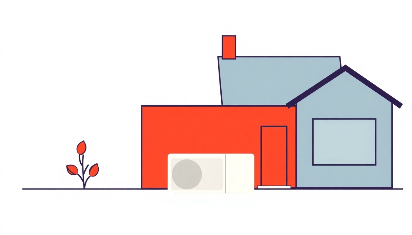 A geometric abstract illustration using bold shapes and primary colors to conceptually represent the adoption of energy-efficient heat pump technology in residential buildings.