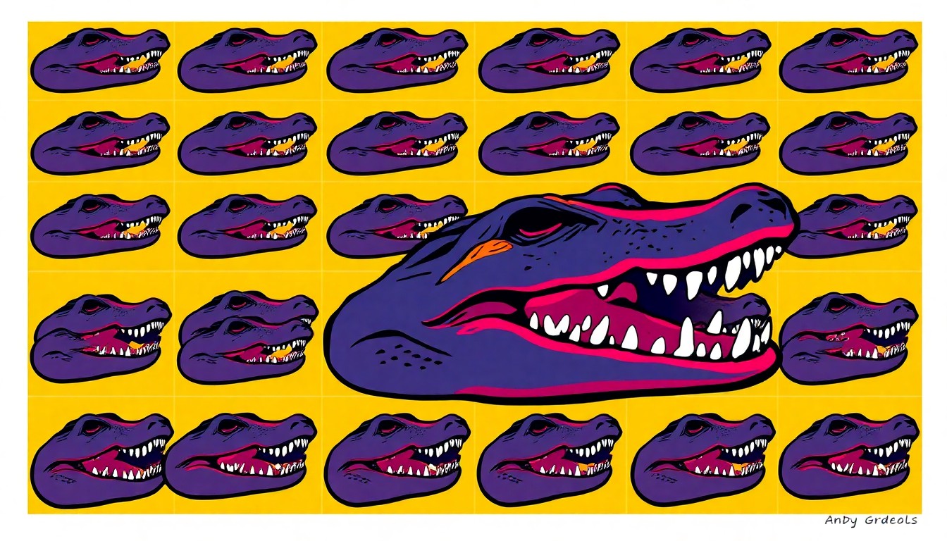 A bold, stylized silkscreen illustration featuring multiple neon green alligator heads repeated in a grid pattern, conveying the concept of Louisiana's growing alligator population and the need for population control measures.