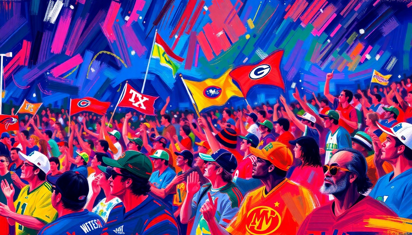 An abstract, energetic painting with bold brushstrokes in neon colors, depicting the vibrant atmosphere of an outdoor sports viewing event with blurred figures of enthusiastic fans.
