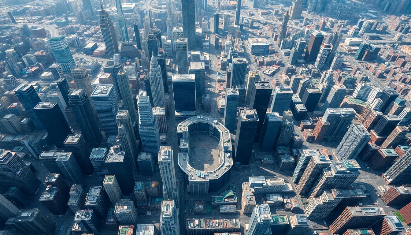 An extremely detailed, aerial photograph of a dense urban financial district, with towering skyscrapers, intricate road networks, and repeating geometric patterns, conceptually illustrating the scale and complexity of global financial systems under strain.