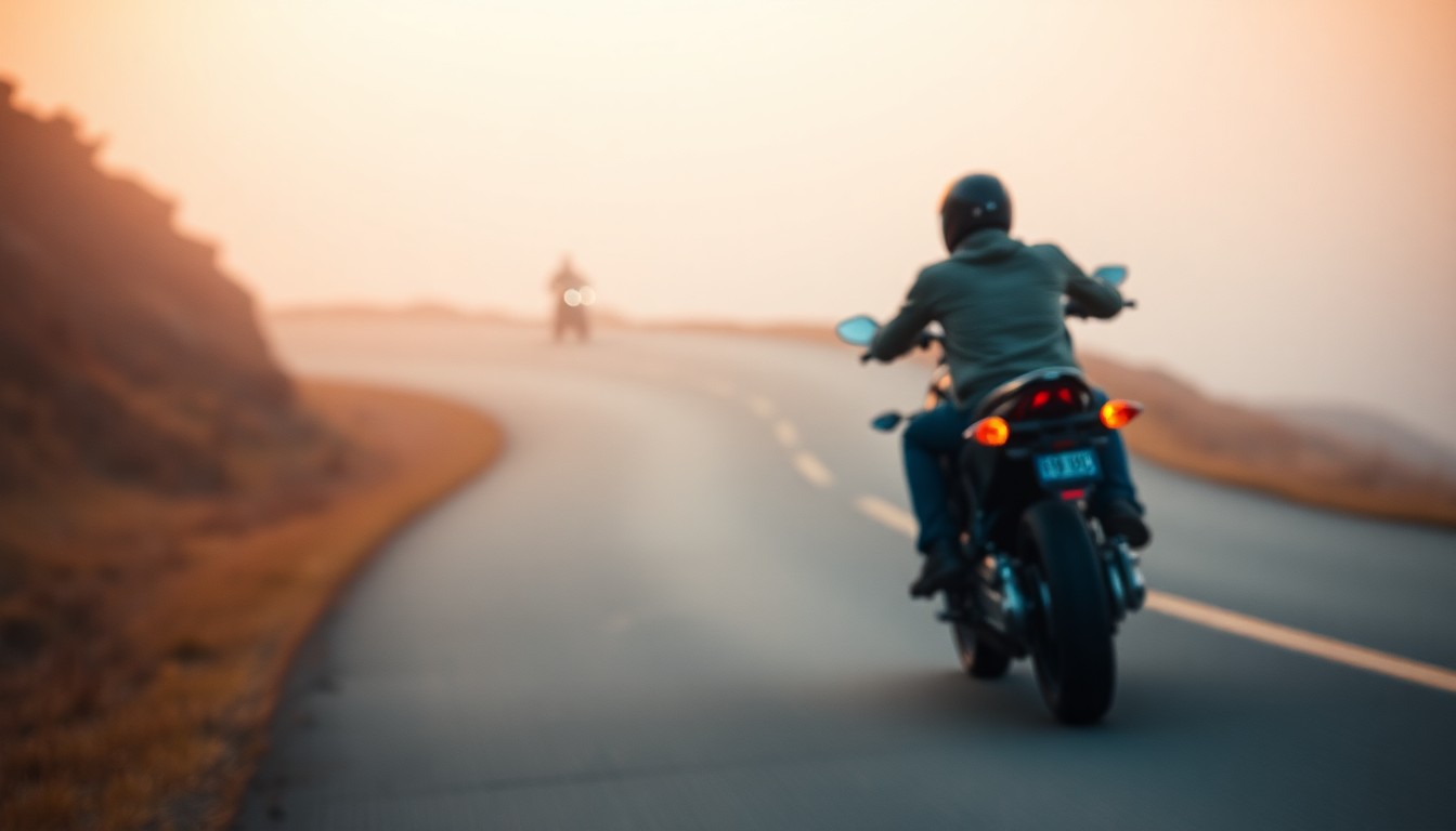 An abstract, impressionistic photograph of a motorcycle rider on a blurred, winding road, with soft, warm pools of light and color in the background, conveying the sense of motion and the need for caution during the start of the motorcycle season.