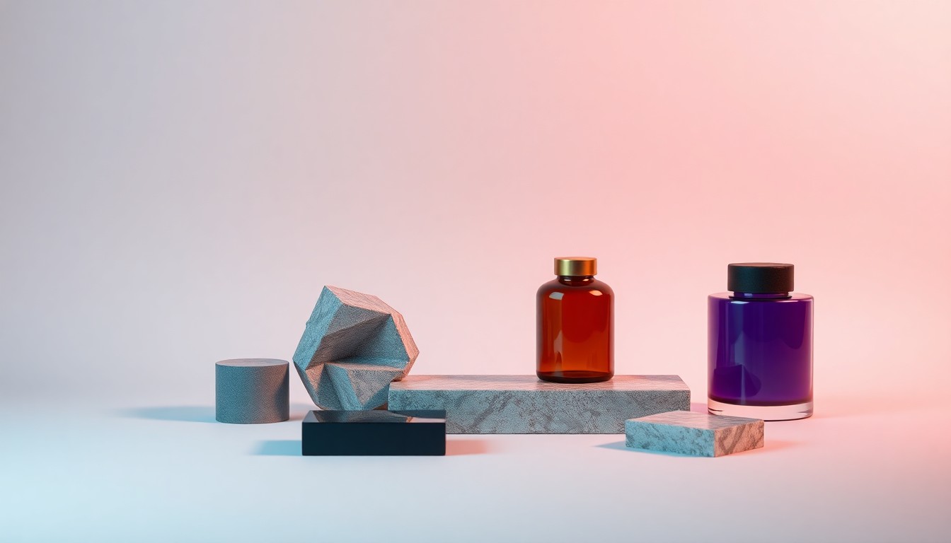 An abstract studio still life featuring polished geometric shapes and forms made from premium materials, conceptually representing the transparency and accountability of the GEIS Plastic Impact Protocol.
