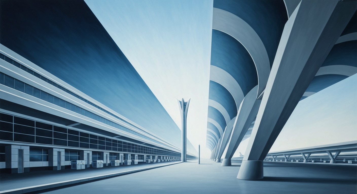 A highly stylized, geometric illustration depicting the sweeping, streamlined architecture of an airport terminal, rendered in a bold, Art Deco-inspired visual style with smooth gradients of blue, grey, and silver tones.