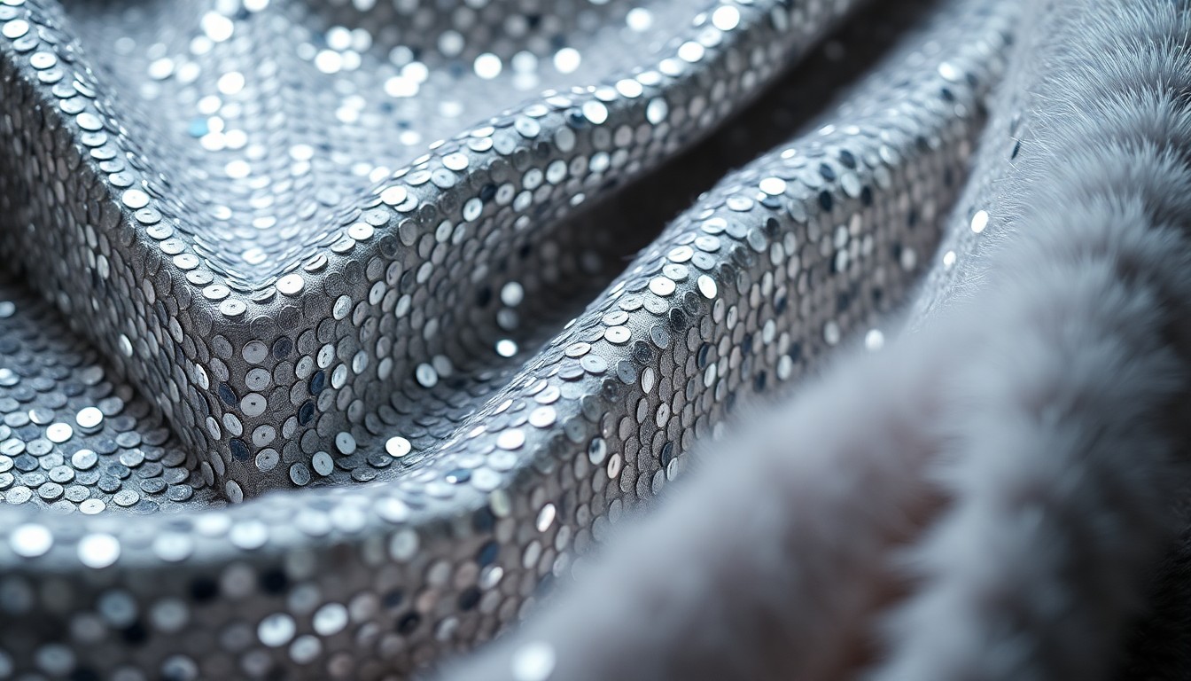 An extreme close-up photograph of shimmering, high-contrast sequins and velvet textures, conceptually representing the glamour and artistry of the film industry.