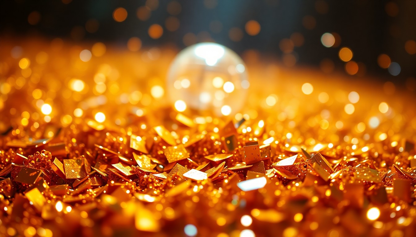 An extreme close-up photograph of shimmering gold sequins and reflective disco ball fragments, capturing the luxurious, glamorous aesthetic of an R&B concert.