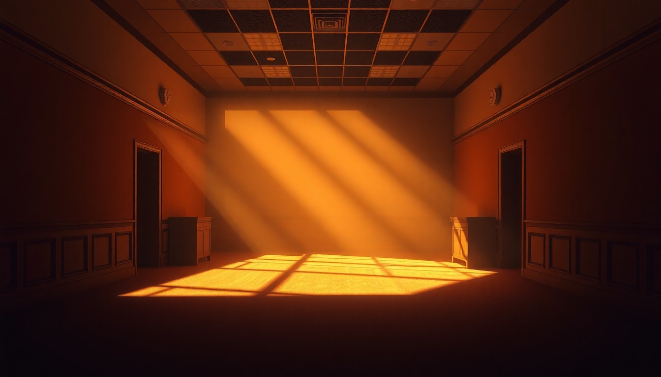 A dimly lit, cinematic government office space with a lone desk and chair, the room bathed in warm, diagonal sunlight and deep shadows, conveying a sense of political tension and uncertainty.