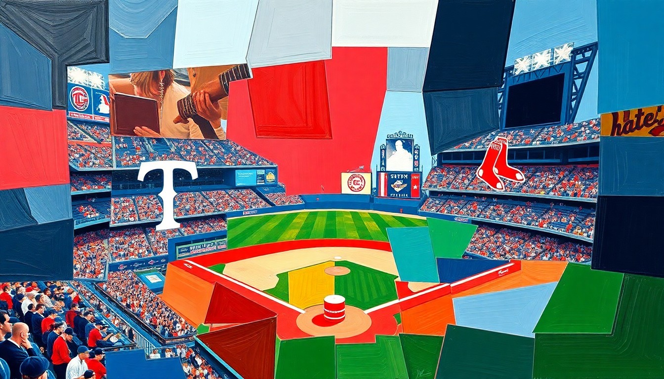 A cubist, geometric painting depicting a baseball game between the Minnesota Twins and Boston Red Sox, with sharp, overlapping planes of color representing the players and action on the field.