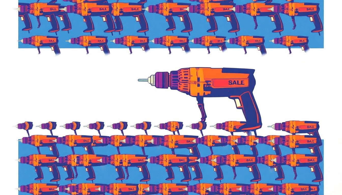 A vibrant, pop art-inspired illustration featuring a repeating pattern of a power drill in bright, contrasting colors, conceptually representing the construction tools being provided to students in the Student Build Program.