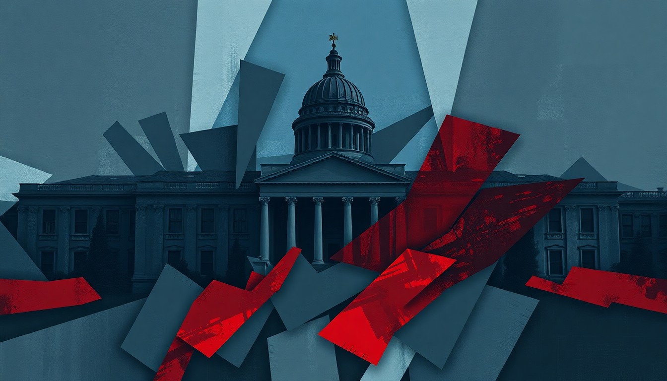 A dynamic, fragmented painting in shades of blue, red, and grey, depicting an abstract government building or political symbol, conveying a sense of disruption and unrest around a political issue.