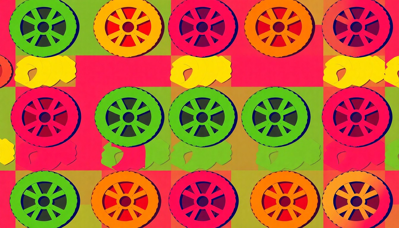 A bold, abstract silkscreen illustration featuring a repeating pattern of the circular, ridged Barilla Racing Wheels pasta shape in a vibrant neon color palette, conceptually representing the fusion of high-performance motorsports and Italian culinary tradition.