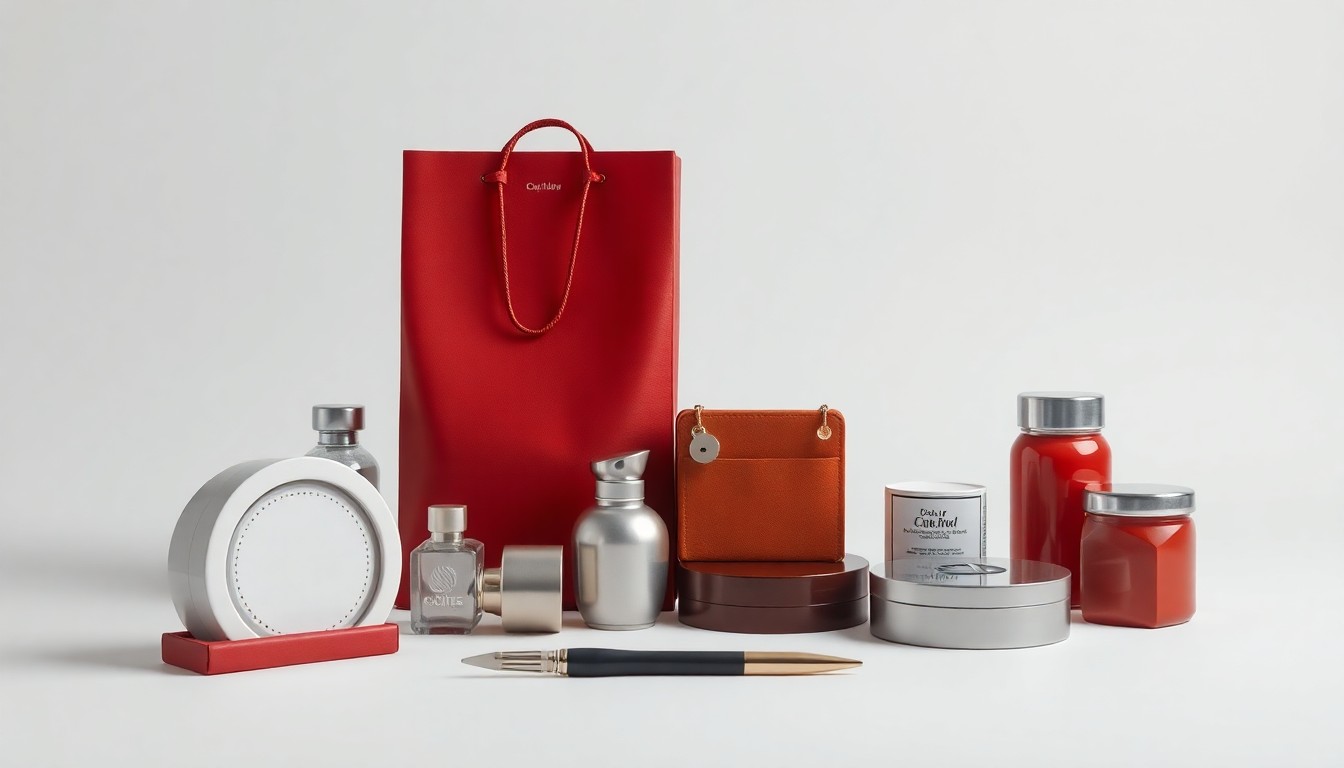 A high-end, photorealistic studio still-life photograph featuring a collection of premium, polished objects arranged elegantly on a clean, monochromatic background, conceptually representing the abstract ideas of global brand expansion, community-driven engagement, and the fusion of Japanese and international character licensing trends.