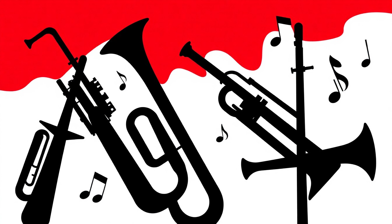 An abstract, minimalist illustration featuring sharp, angular black silhouettes of brass instruments and musical notes set against a high-contrast background of solid red and white colors, conceptually representing the excitement and energy of a brass band competition.