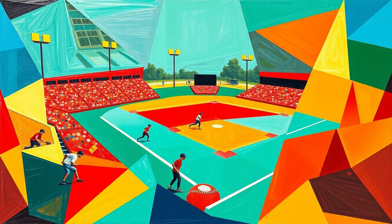 A fragmented, geometric painting depicting the dynamic motion and energy of a high school softball game, with sharp planes of color representing the players, field, and action on the diamond.