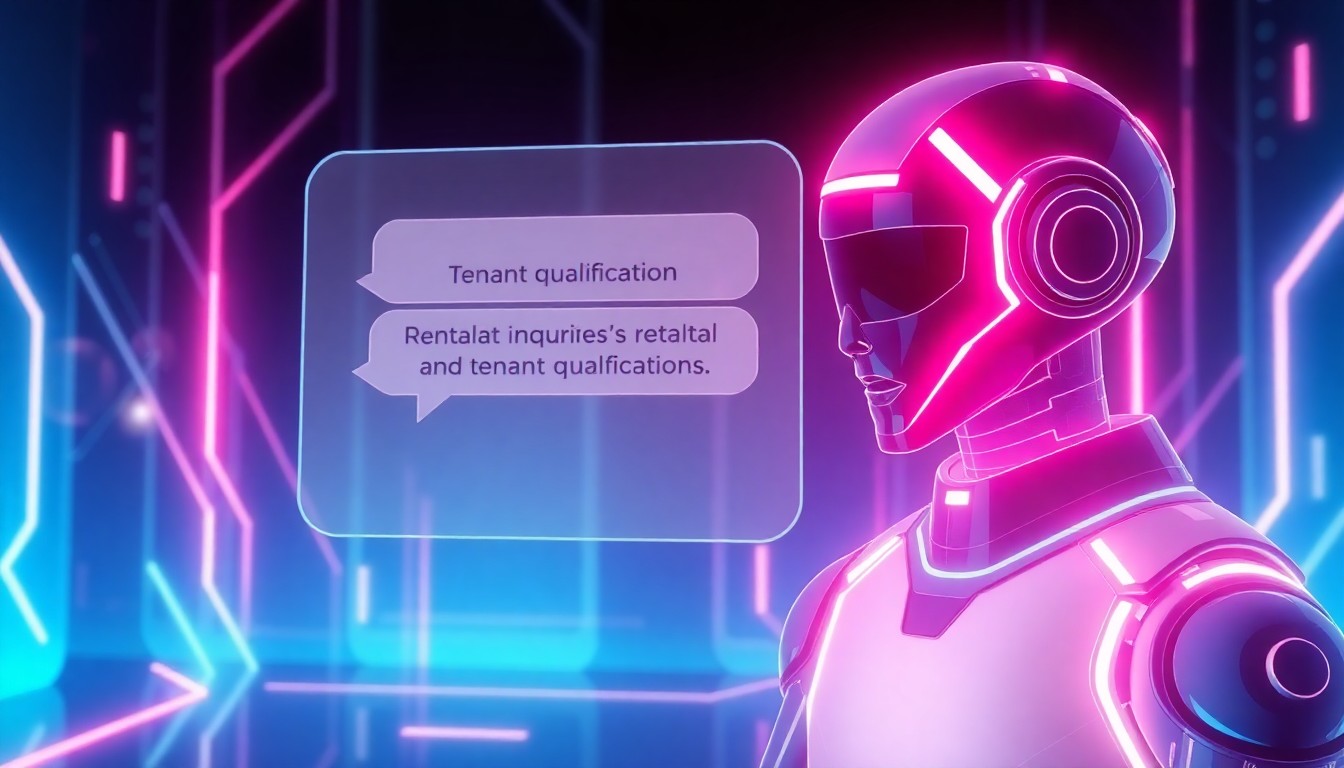 A highly detailed, glowing 3D illustration of a futuristic, AI-powered chatbot interface with pulsing neon-colored lights and sleek, angular forms, conceptually representing the automation of rental inquiries and tenant qualification.
