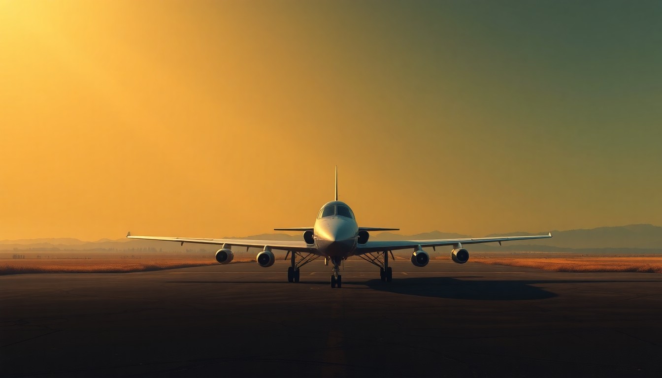 A photorealistic oil painting depicting a solitary military-style jet aircraft resting on a remote rural airstrip, the plane's sleek lines and camouflage paint job contrasting with the warm, golden sunlight and deep shadows cast across the scene.