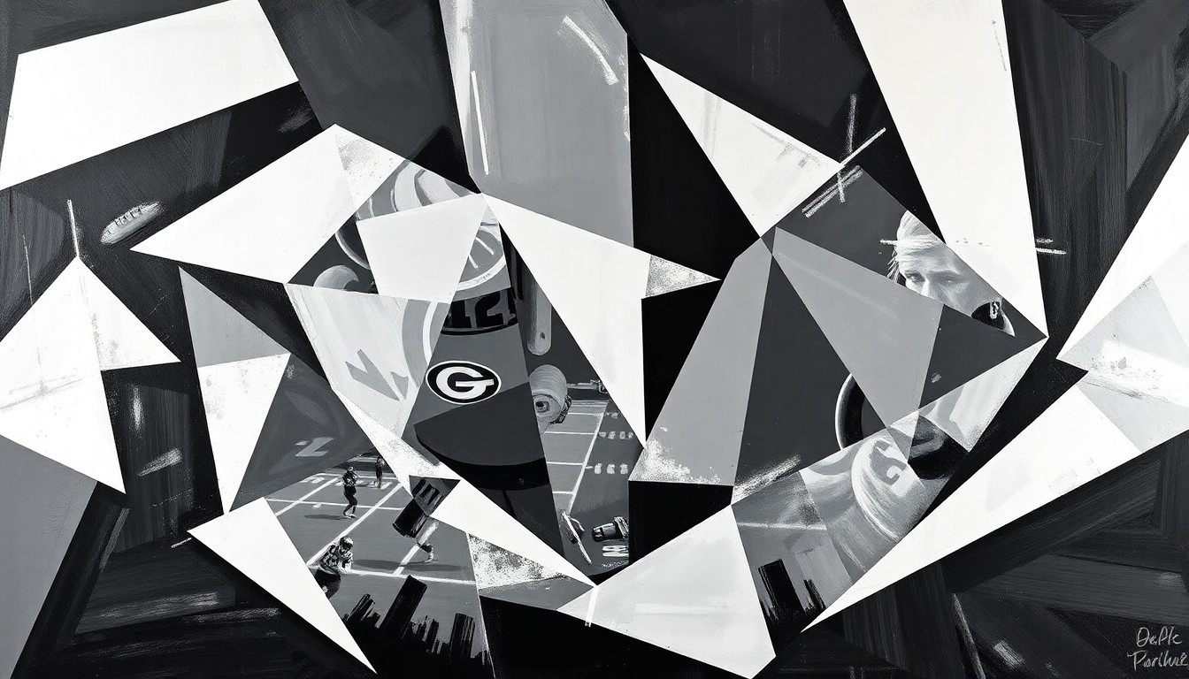 A cubist-style painting featuring fragmented, geometric shapes in shades of gray, representing football players and the NFL draft process in an abstract, deconstructed manner.