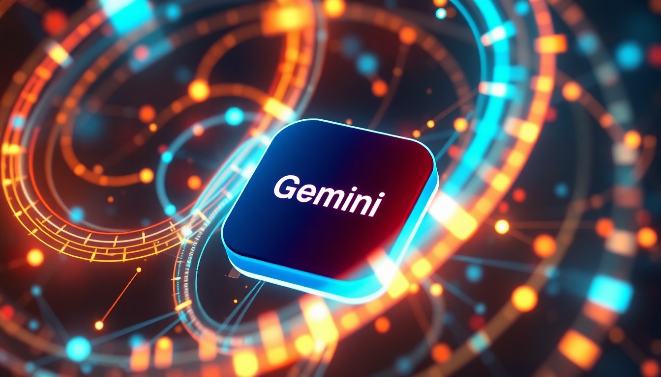 A highly detailed, glowing 3D illustration of a Gemini app icon surrounded by swirling data streams and neon-lit digital infrastructure, representing the integration of personal data and AI-powered recommfinishations.