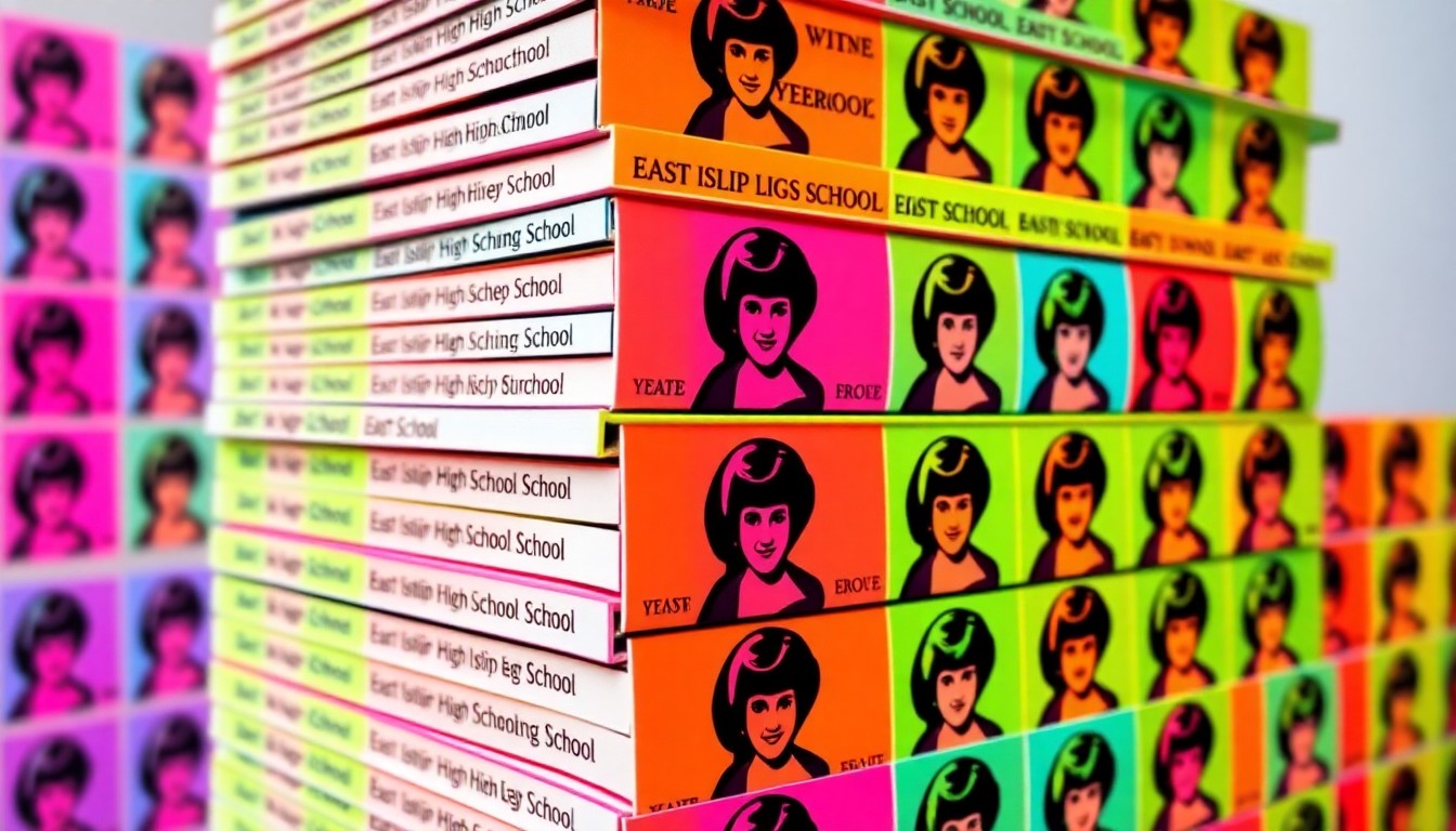 A bold, pop art-inspired illustration featuring a repeating pattern of the East Islip High School yearbook cover, rendered in a high-contrast silkscreen style with vibrant neon colors and heavy black outlines, capturing the energy and recognition of this national achievement.