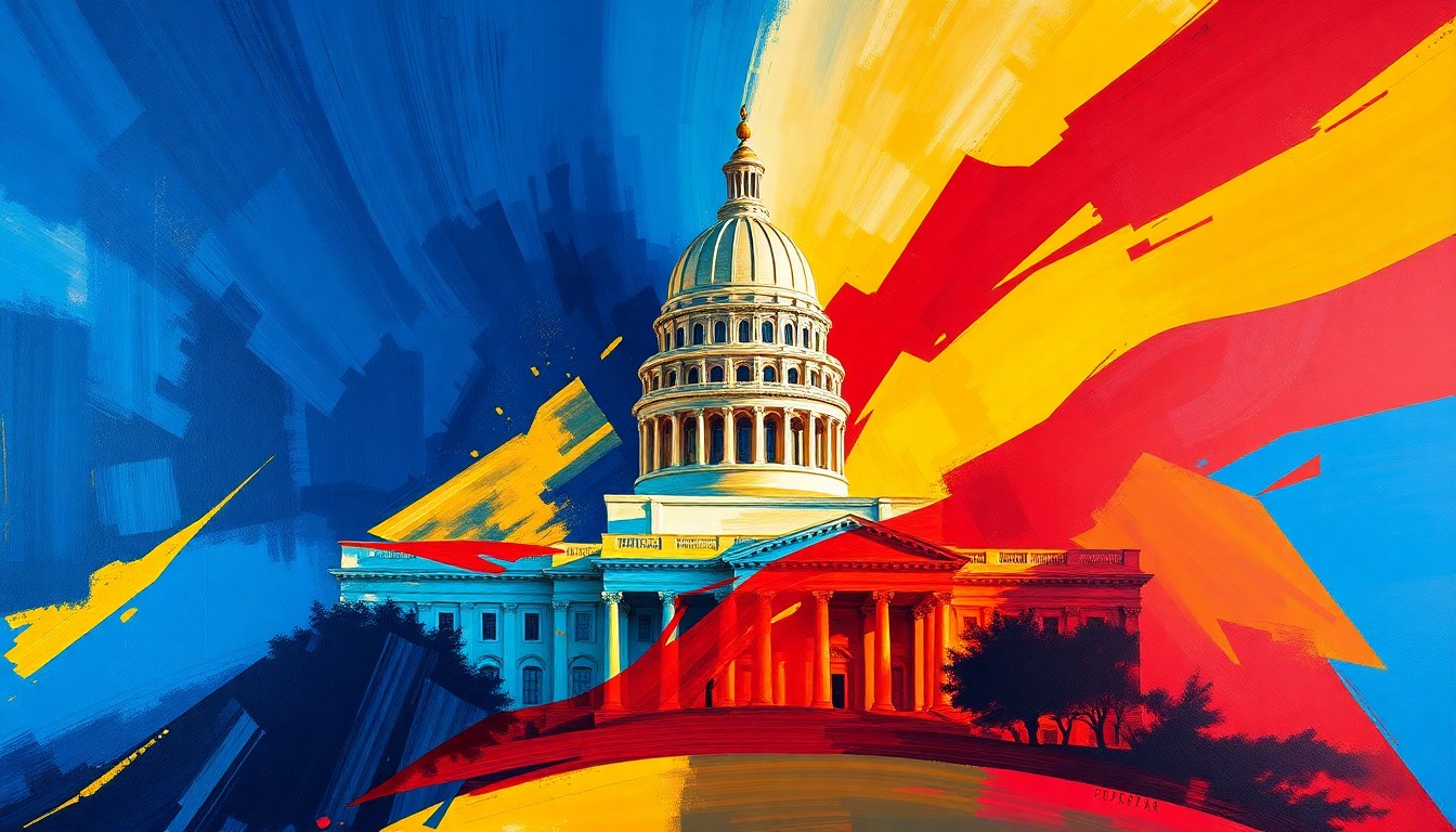 A vibrant, fragmented painting depicting the California state capitol building in overlapping geometric shapes and brushstrokes of deep blue, golden yellow, and crimson red, conveying the energy and uncertainty surrounding the state's governor's race.