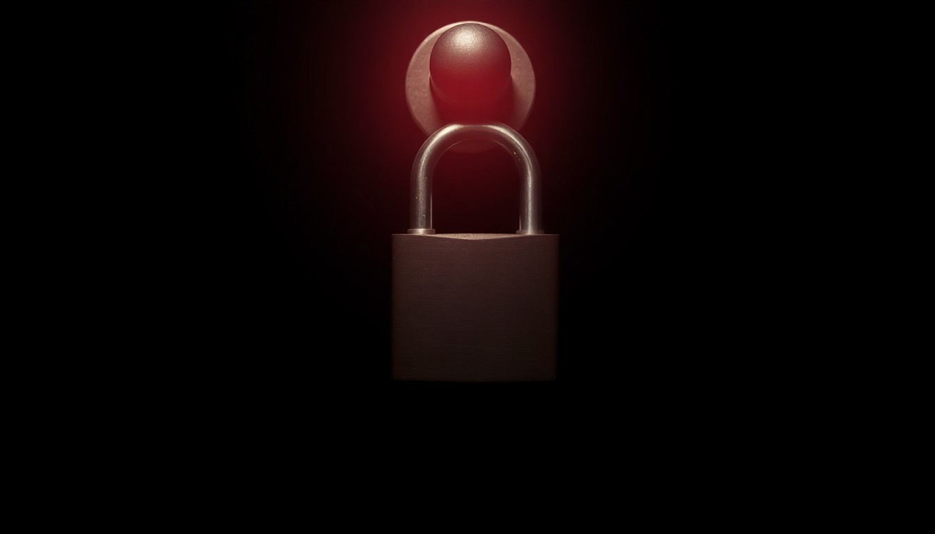 An extreme close-up photograph of a padlock on a door, lit by a harsh, direct camera flash against a pitch-black background, conceptually representing the investigation into the adult family home.