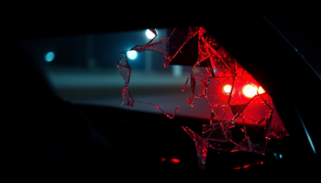 An extreme close-up of a shattered car window frame, the glass reflecting a faint red light, conceptually illustrating the violence and aftermath of the deadly drag racing crash.