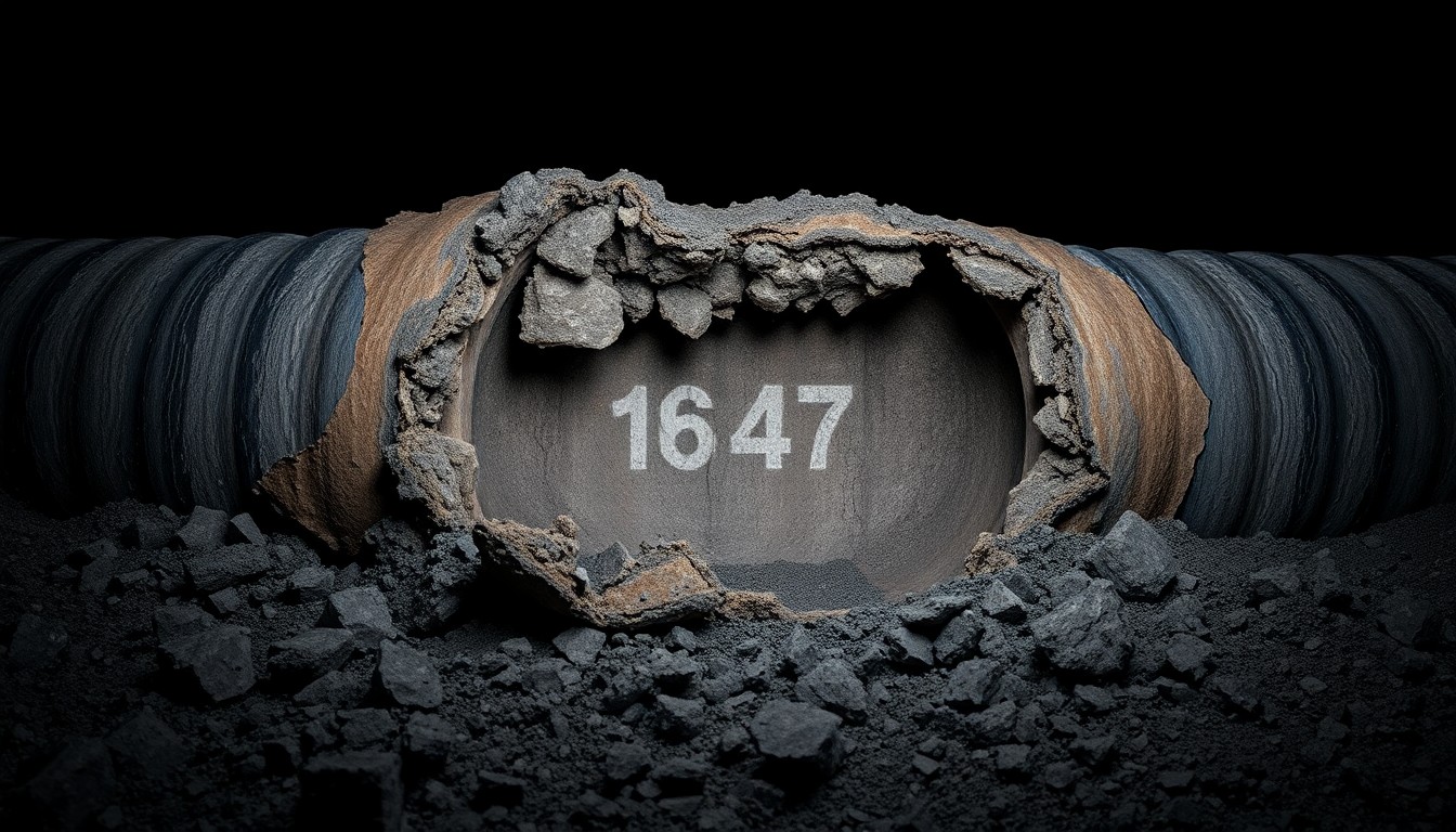 An extreme close-up photograph of a damaged section of underground piping, the rough, textured material filling the frame against a stark black background, conveying the gritty aftermath of a construction accident.