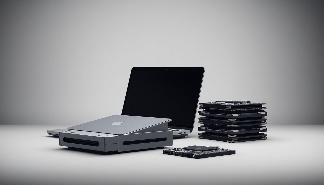 A minimalist, high-contrast studio photograph featuring a sleek, metallic cybersecurity device, a laptop, and circuit boards arranged elegantly on a clean, monochromatic background, symbolizing the abstract concepts of corporate strategy and technology in the security industry.